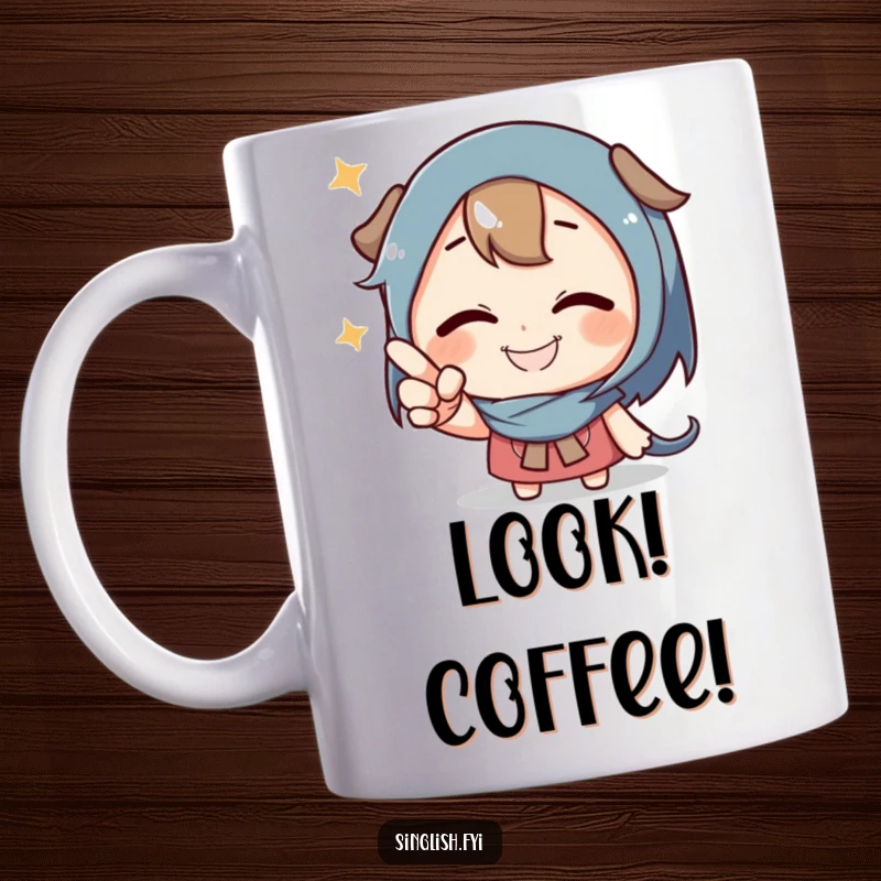 Funny Pointing Character Mug featuring a grinning character playfully pointing at something unseen, evoking humor and curiosity.