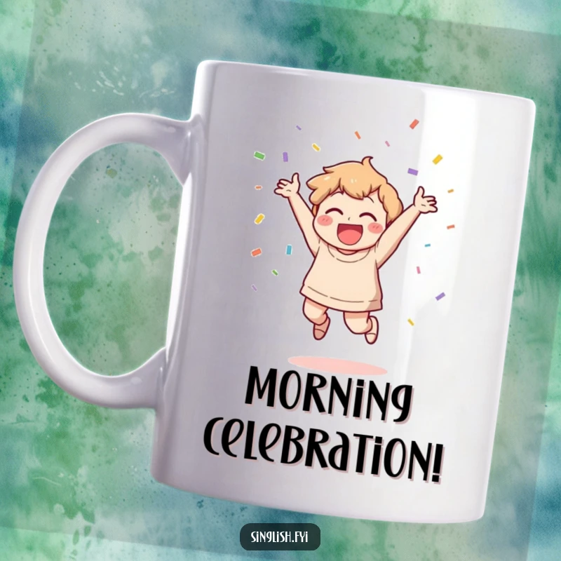 Funny Joyful Character Mug: A character jumps with pure joy, gleefully throwing confetti in a celebration of happiness.