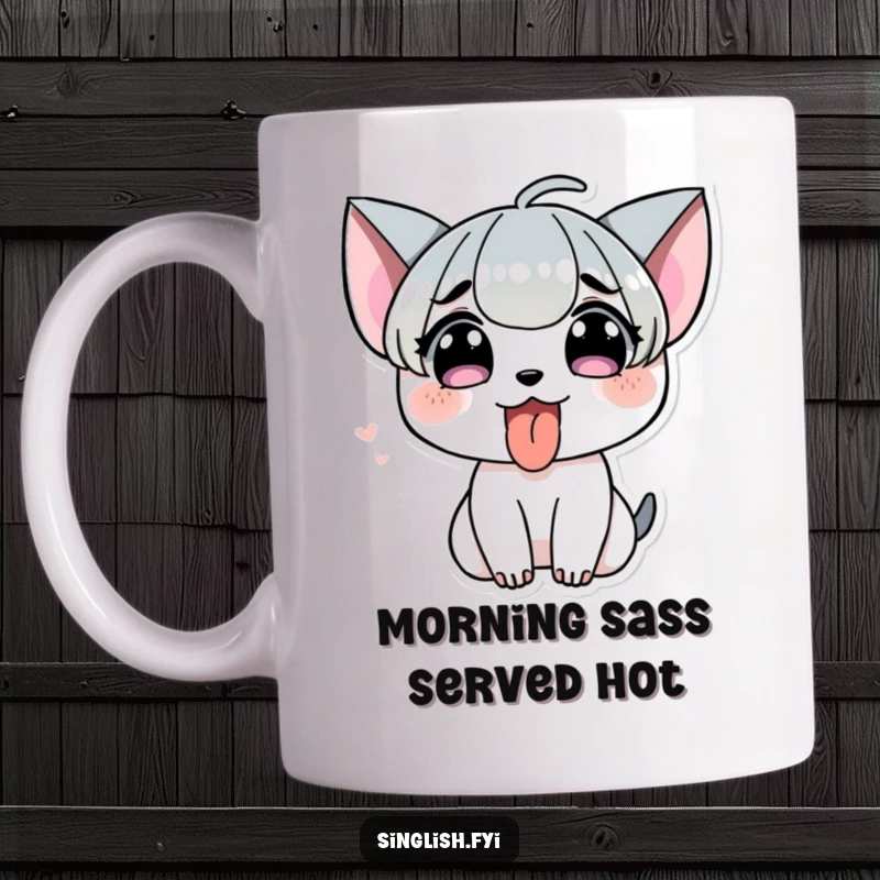 Funny Tongue Out Mug: A character playfully sticking its tongue out in a cheeky, mischievous, and humorous pose.