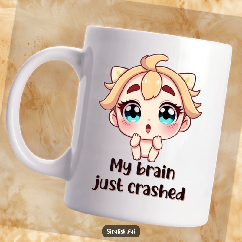 Funny mug featuring a cartoon character with comically wide eyes and raised eyebrows, caught in a moment of utter surprise and disbelief.