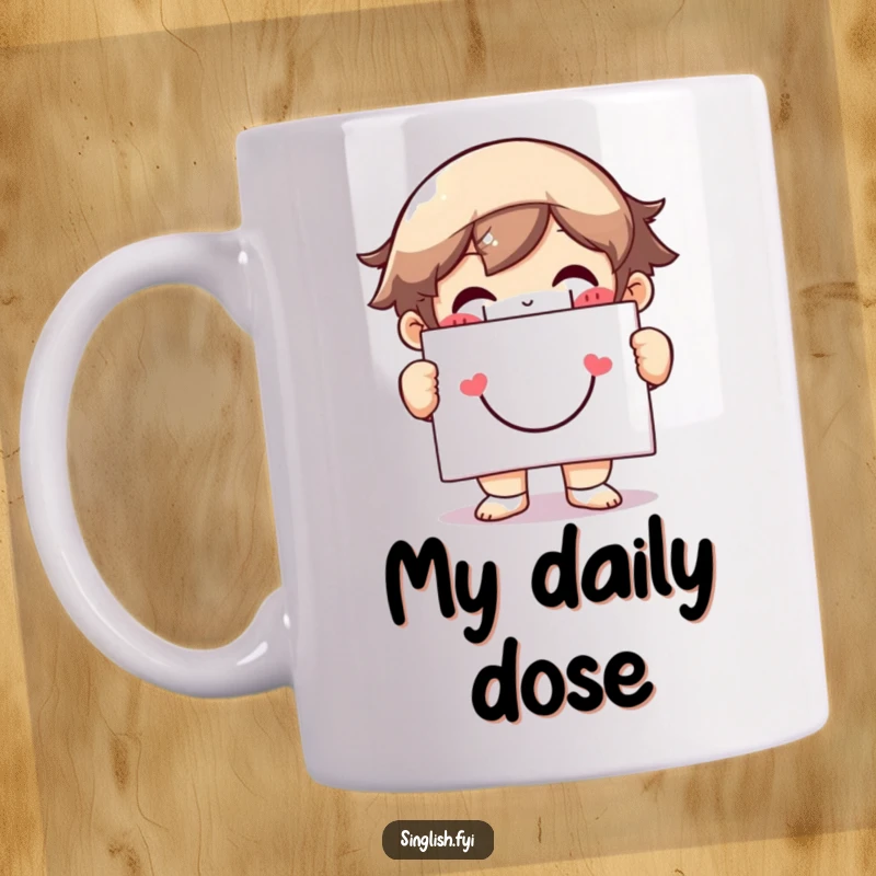 Funny mug with a character beaming a huge grin, holding a sign with a smiley face, radiating pure happiness and cheer.