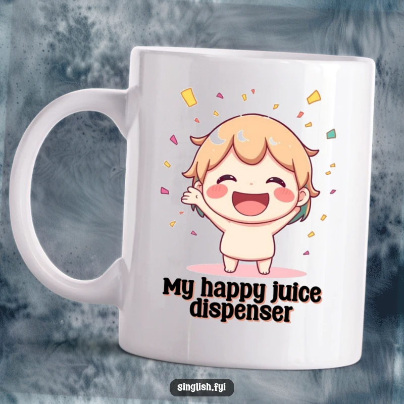 Funny mug with a joyful character beaming a big smile, joyfully throwing colorful confetti into the air. A celebratory gift.