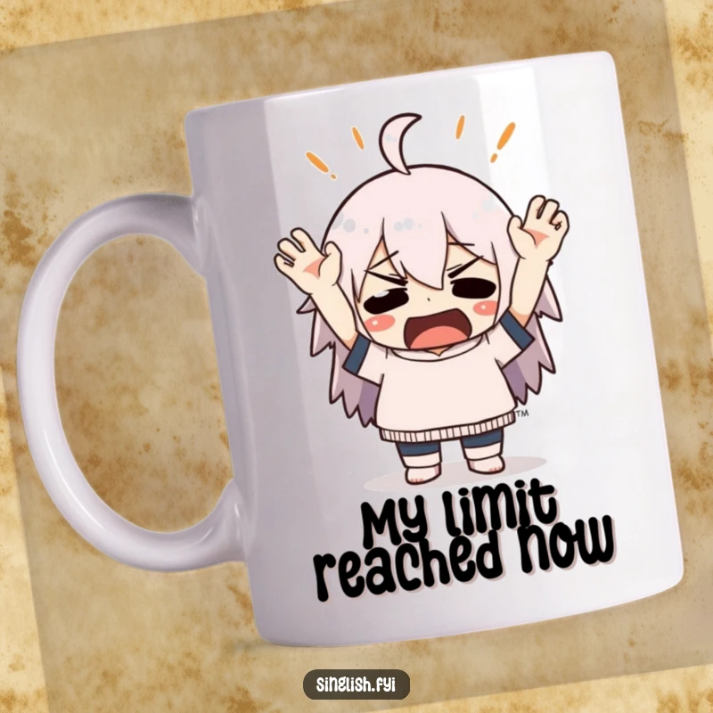 Funny mug featuring a cartoon character dramatically throwing hands up in mock exasperation, conveying relatable frustration and humor.