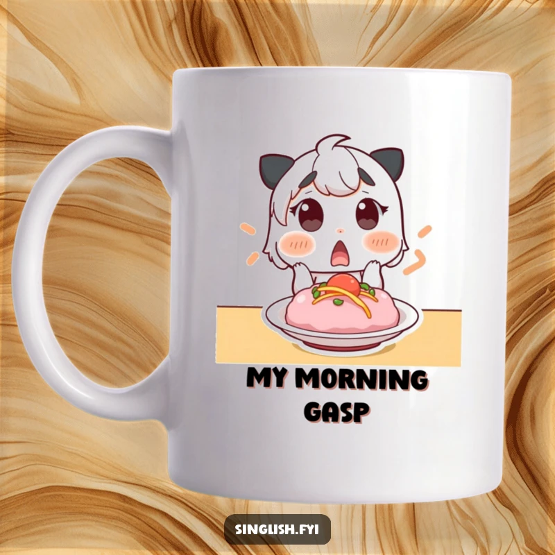 Funny mug featuring a surprised character with raised eyebrows, gasping at a delectable dish. Captures food lover's awe.
