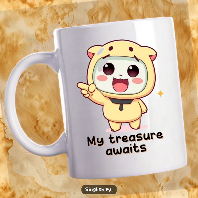 Funny mug with a cute cartoon character excitedly pointing forward, hinting at a secret or joke, perfect for expressing playful curiosity.