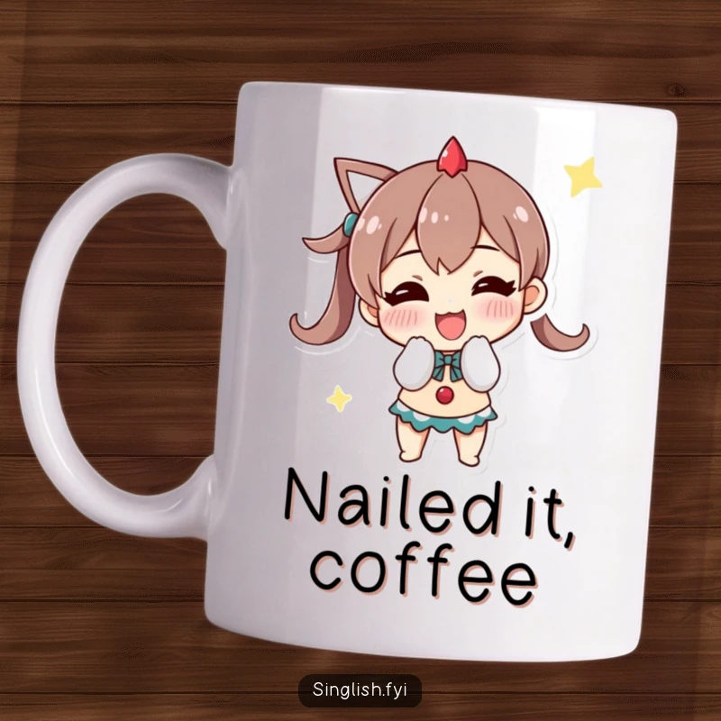 Funny mug with a character doing a quick, triumphant bow with a wide grin, celebrating achievements humorously.