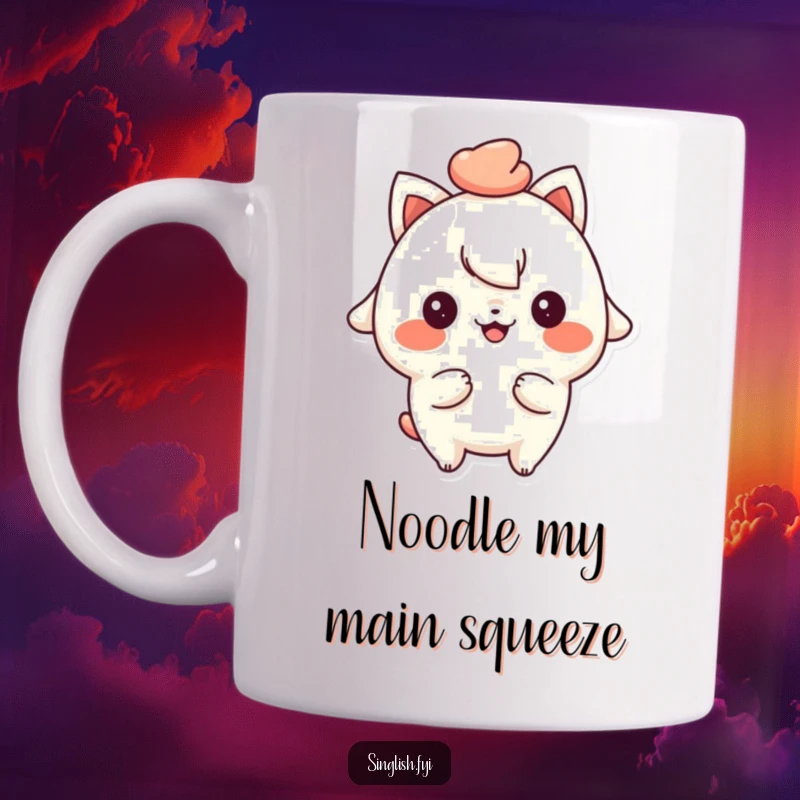 Funny mug featuring a playful character with a cheeky smile, proudly holding up a bowl of mee pok noodles.