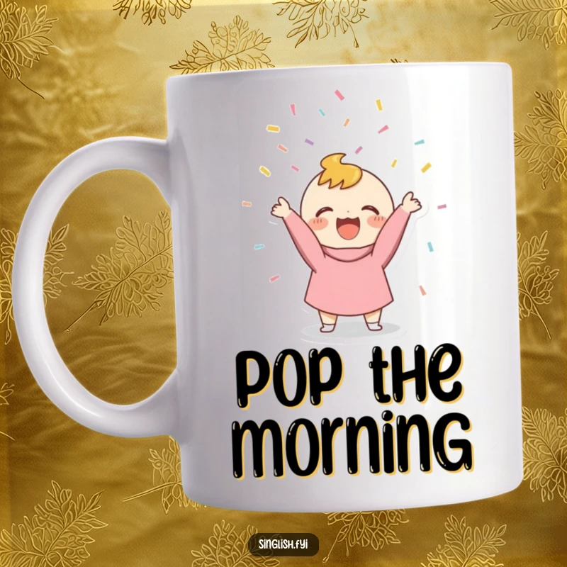 Funny Confetti Thrower Mug featuring a small character joyfully tossing colorful confetti upwards, perfect for celebrations.