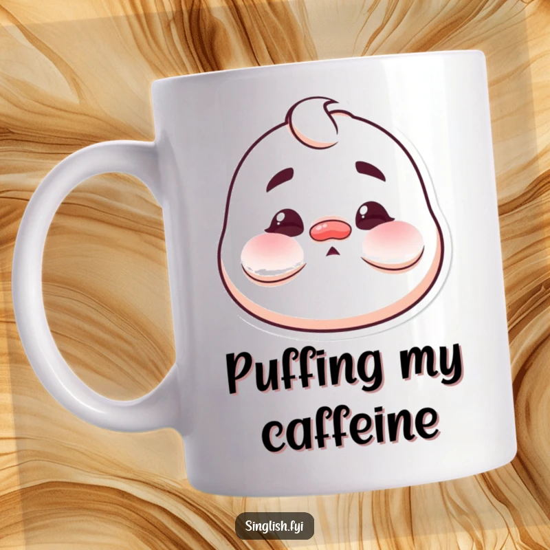 Funny Puffed Cheeks Mug showing a character making a funny, exaggerated face with puffed cheeks, conveying comical silliness and humor.