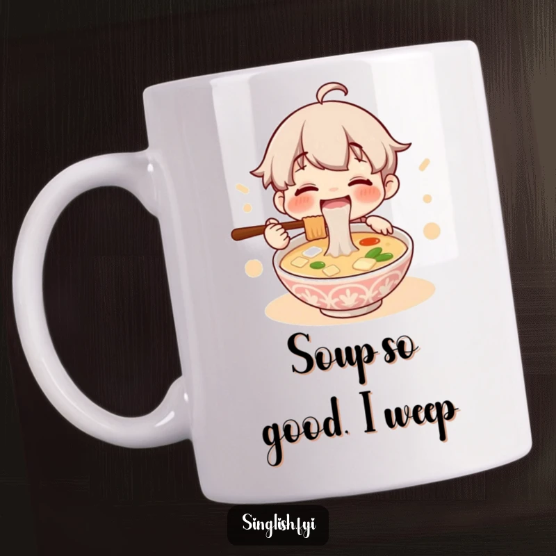 Funny mug featuring a cute character joyfully slurping a steaming bowl of lontong soup with visible noodles and broth, radiating happiness.