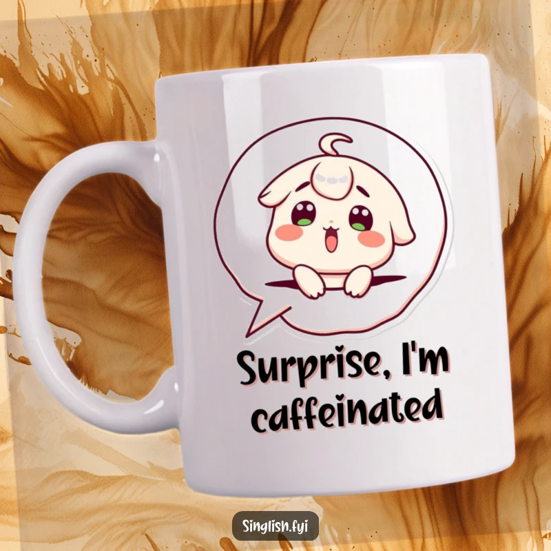 Funny Mug: Cute character popping out of a speech bubble with a surprised expression, exuding playful shock and humor.
