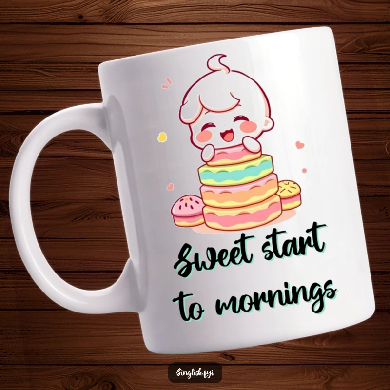 Funny mug featuring a joyful character giggling while precariously balancing a tall, colorful stack of various kuih, radiating happiness and fun.