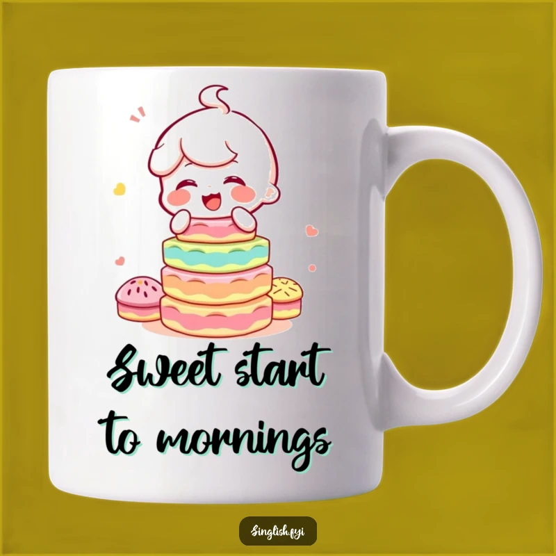 Funny Kuih Balancing Mug: Giggling Character with Sweets, Perfect Sweet Gift