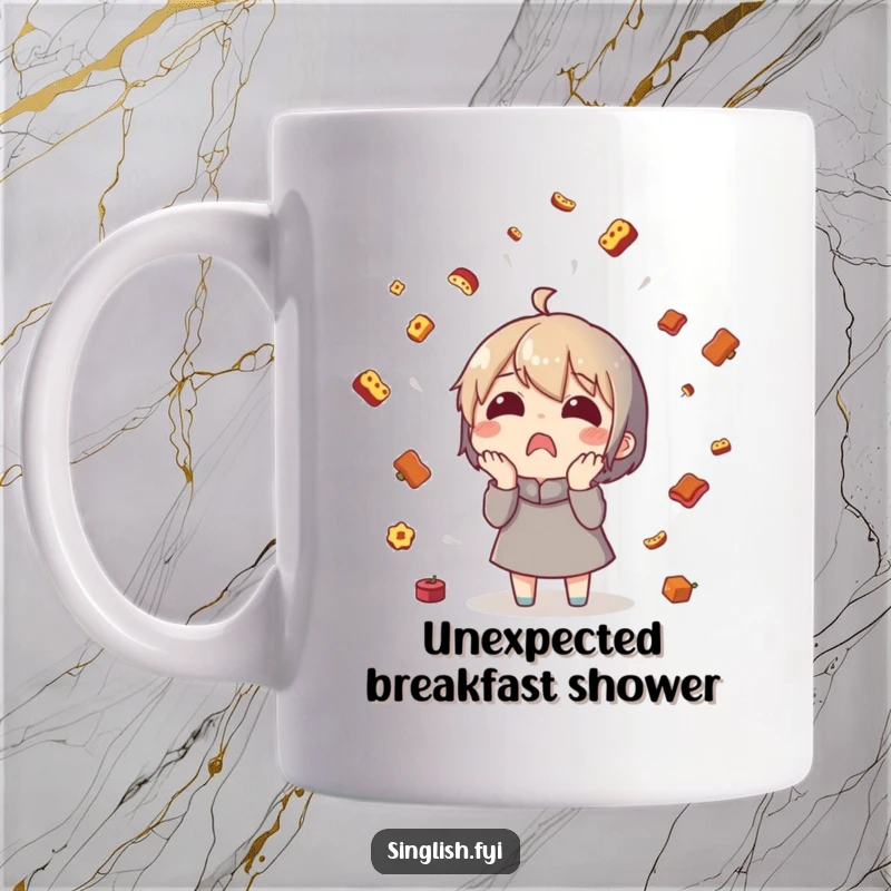 Funny character mug surprised by a rain of tiny food items, celebrating unexpected culinary joy.