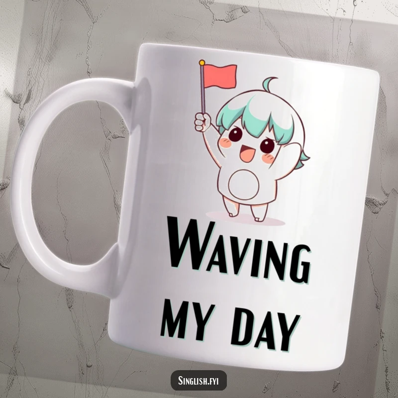 Funny Waving Flag Mug: A character energetically waving a small flag, expressing excitement and celebration, ideal for party lovers.