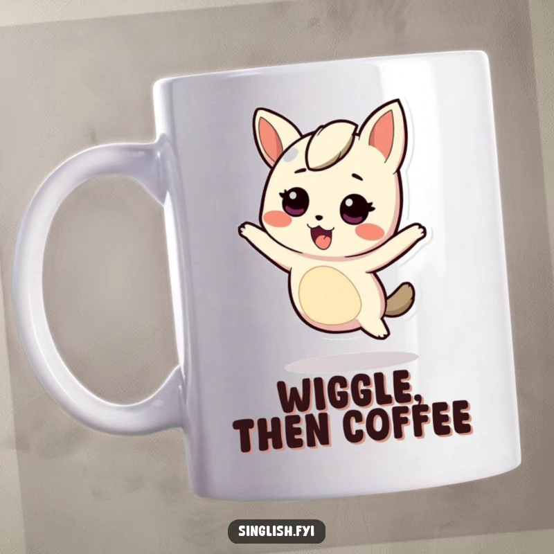 Funny Mug: A cute character energetically wiggles its body with pure joy. Ideal funny gift.