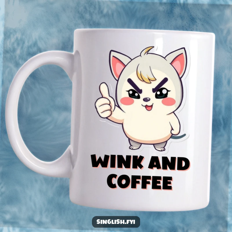 Funny mug shows a playful character winking with a mischievous grin and giving a thumbs up signal, exuding confidence.