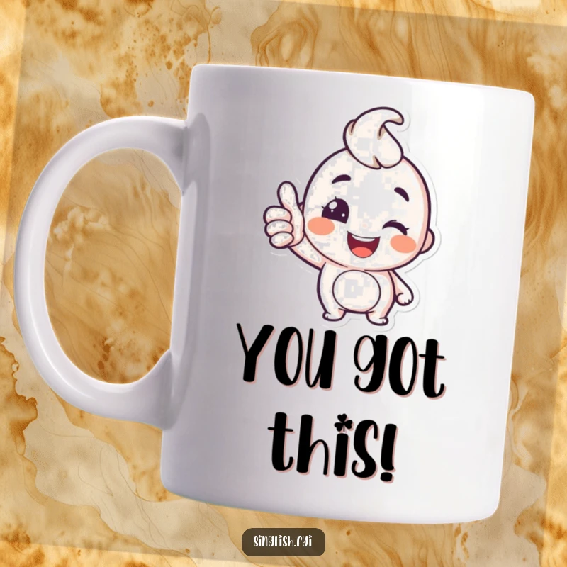 Funny Happy Character Mug: A cheerful character gives a confident thumbs up and a playful wink, radiating positivity and funny charm.