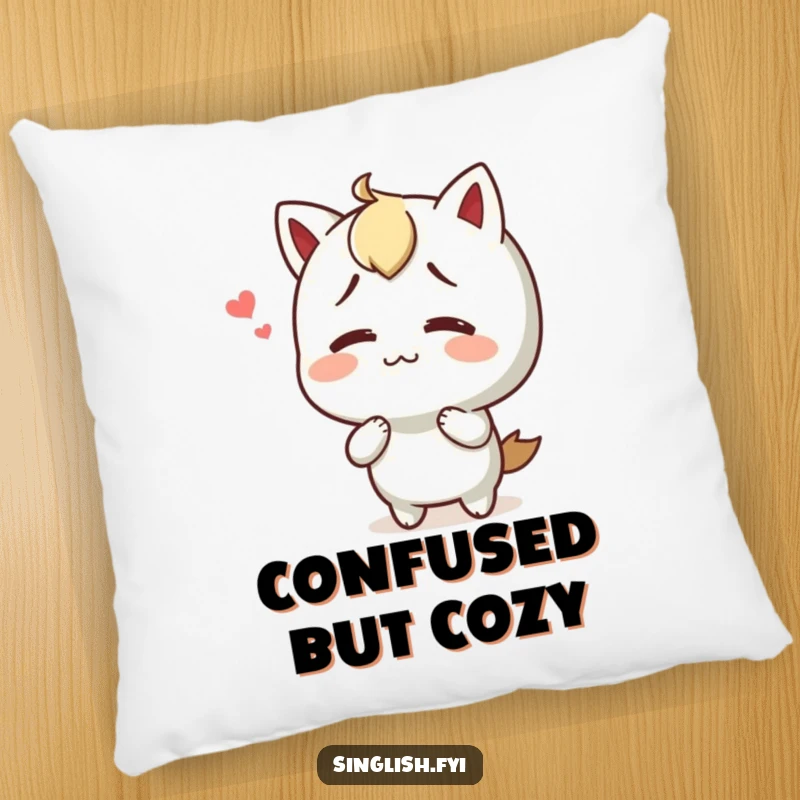 Funny pillow with a character shrugging with a happy, confused expression, ideal for comfort and humorous decor.
