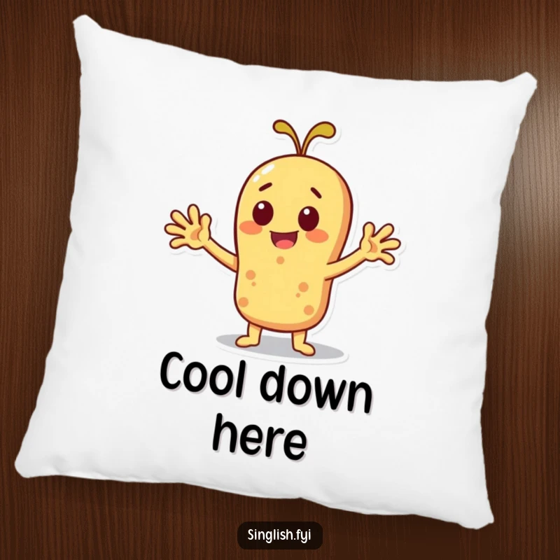 Funny roti character fanning itself with outstretched arms, depicted on a soft throw pillow.
