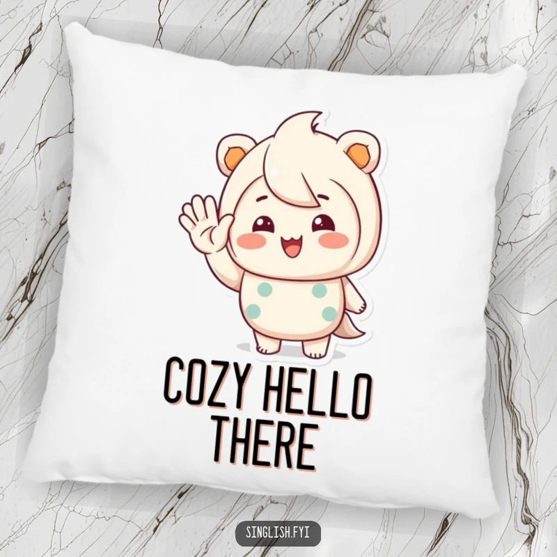 Funny pillow with a character waving hello and a warm, inviting smile, ideal for comfort and cheerful decor.