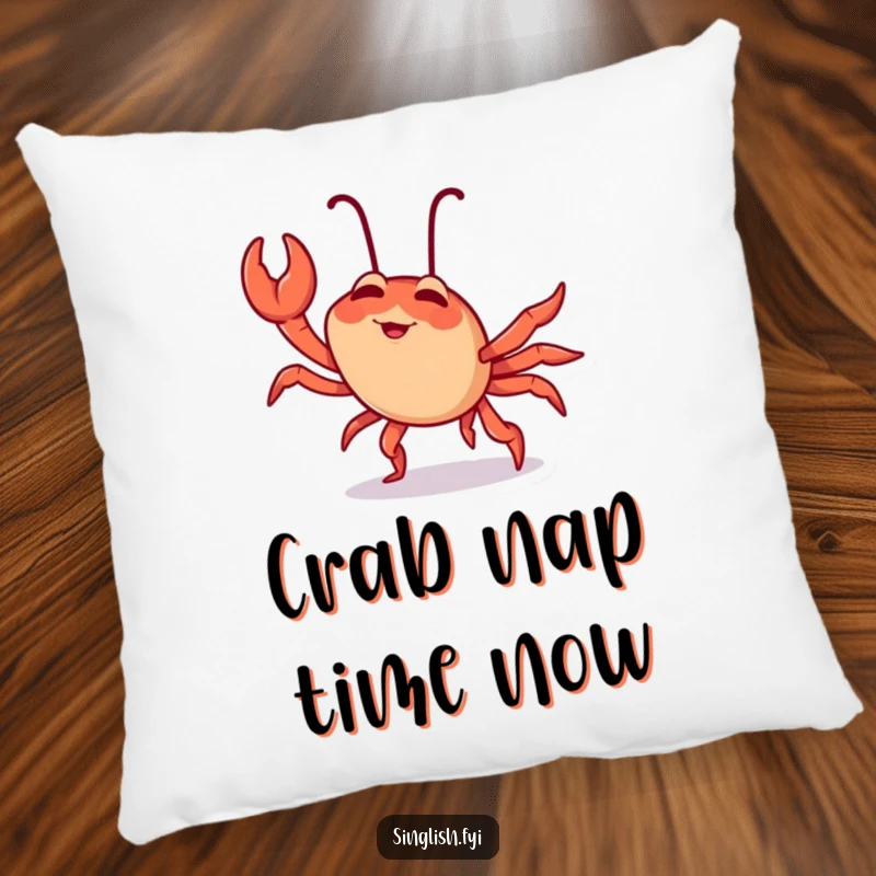 Funny chilli crab pillow with a giggling character comically doing a sideways crab walk, offering comfort and a cheerful, humorous touch.