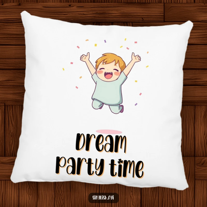 Funny Confetti Jump Pillow featuring a character jumping with joy and throwing confetti, perfect for adding festive comfort and humor.