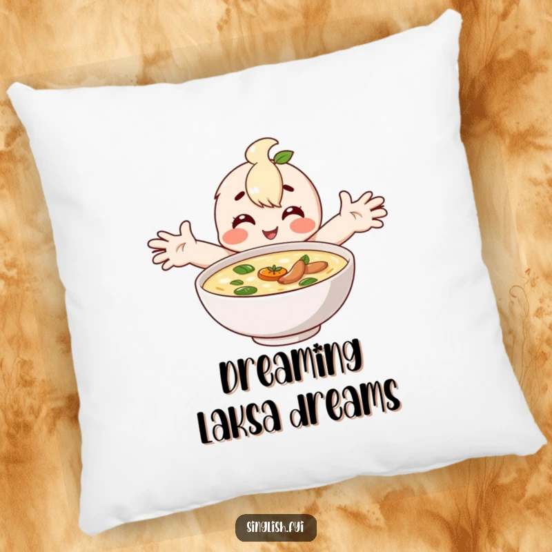 Funny pillow with a happy character embracing a bowl of laksa, symbolizing comfort and joy.