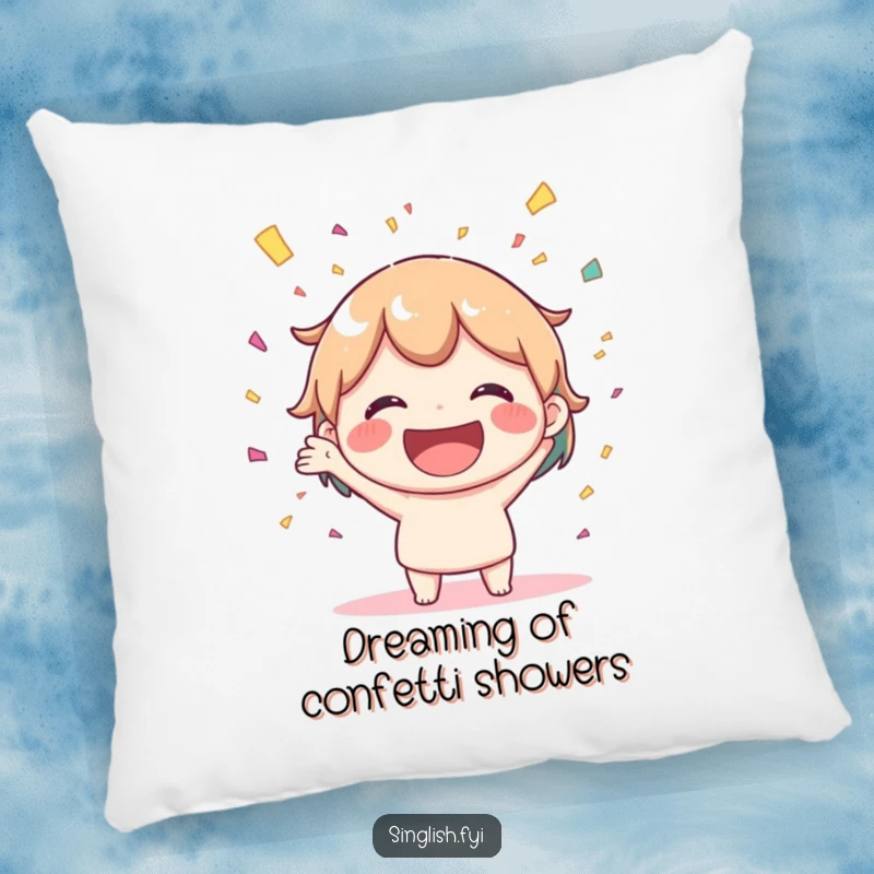 Funny pillow featuring a joyful character with a big smile, scattering confetti. A soft and humorous accent for any room.