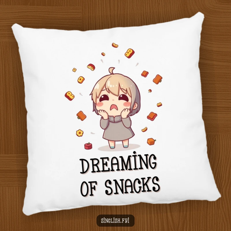 Funny food rain pillow with a surprised character under a rain of tiny food, soft and decorative.