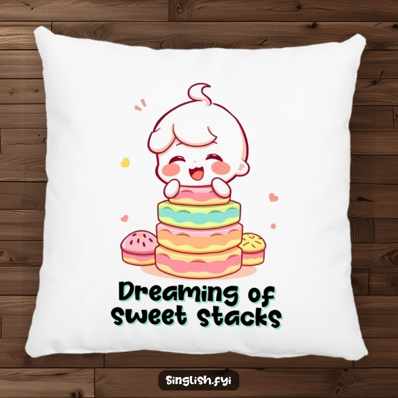 Funny throw pillow featuring a character giggling merrily while balancing an impressive stack of colorful kuih, perfect for adding cheer.