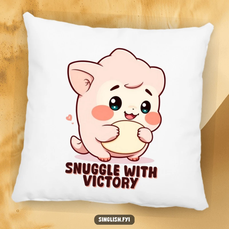 Funny pillow featuring a cute character with a cheeky grin holding a lah, providing comfort and a humorous visual accent.