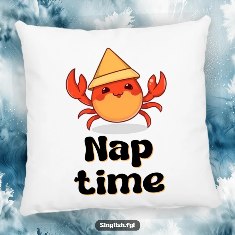 Funny pillow showcasing a mischievous chili crab character with a tiny conical hat, providing soft, humorous, and spicy decor.