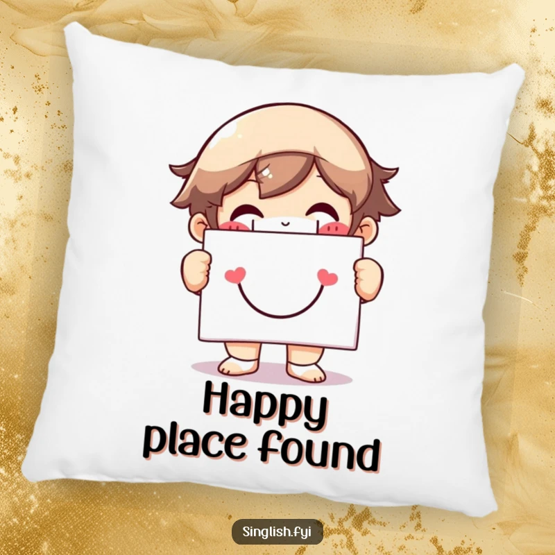 Funny pillow with a character sporting a huge grin and holding a smiley face sign, offering soft, cheerful, and humorous comfort.