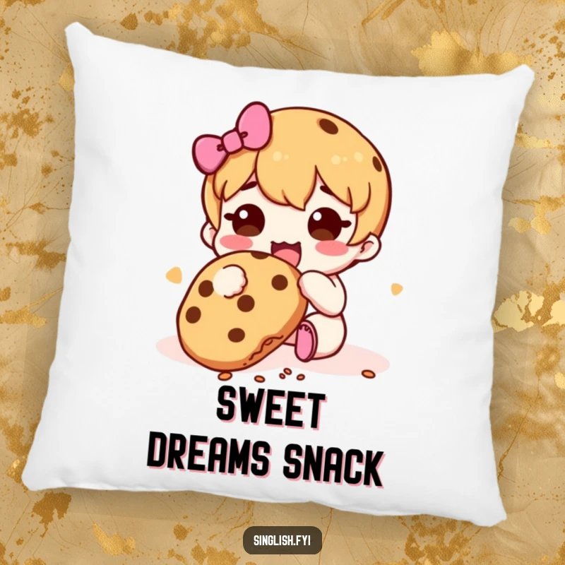 Funny Cookie Muncher Pillow: Soft pillow featuring a character happily munching a cookie with falling crumbs, a humorous and comfortable decor item.