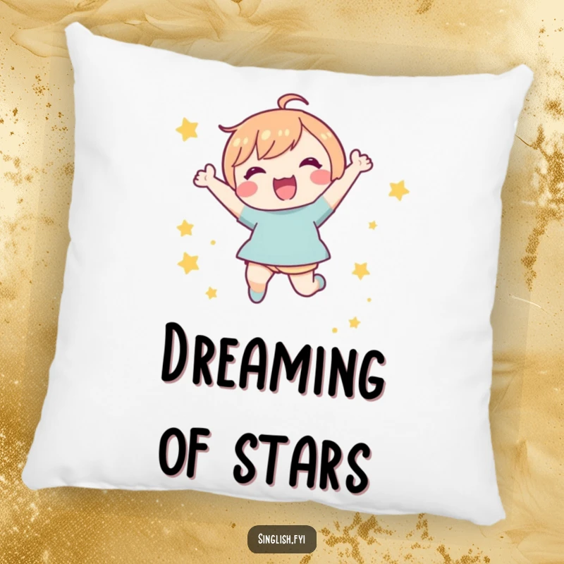 Funny Star Jump Pillow: Soft pillow featuring a character joyfully jumping amid small stars, a humorous and comfortable decor item.