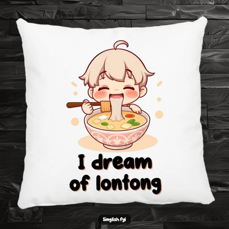 Funny throw pillow featuring a happy character deeply engrossed in slurping a steaming bowl of lontong soup, perfect for adding charm.