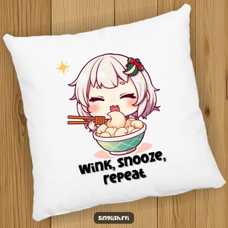 Funny throw pillow featuring a character giving a charming wink while holding a delightful plate of mee goreng, perfect for adding personality.