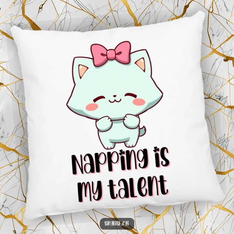 Funny Pillow: Character with a cheeky grin doing a mock bow, a soft and humorous decorative accent pillow.