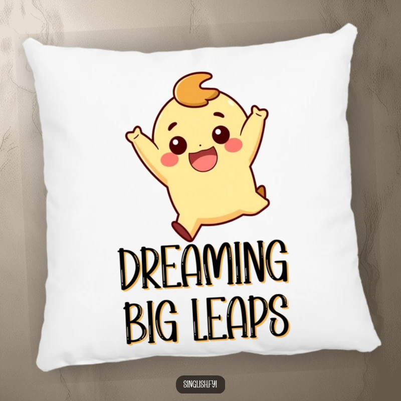 Funny Playful Jump Pillow: A soft pillow showcasing a character in a delightful, playful jump with a big smile, perfect for comfort.
