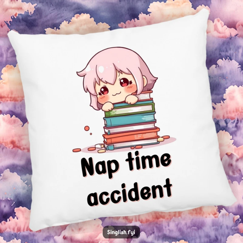 Funny Book Knockover Pillow: Soft pillow featuring a sheepish character looking guilty near fallen books, a humorous and cozy decor item.