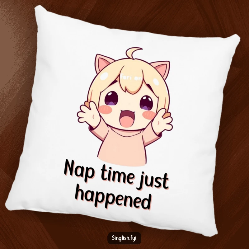 Funny Pillow: A character in a state of delightful surprise, hands up. Cozy and humorous decor.