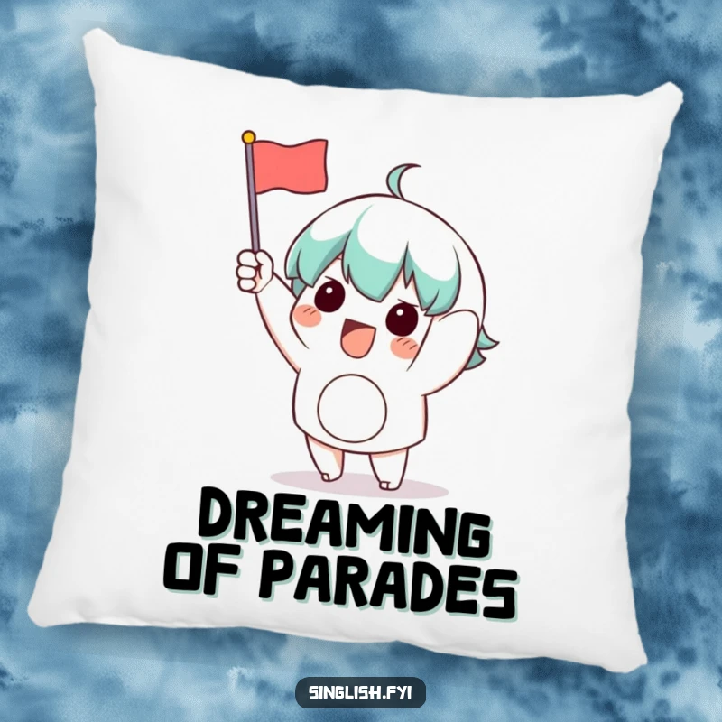 Funny Waving Flag Pillow: A soft pillow featuring a character enthusiastically waving a small flag, bringing comfort and a celebratory mood.