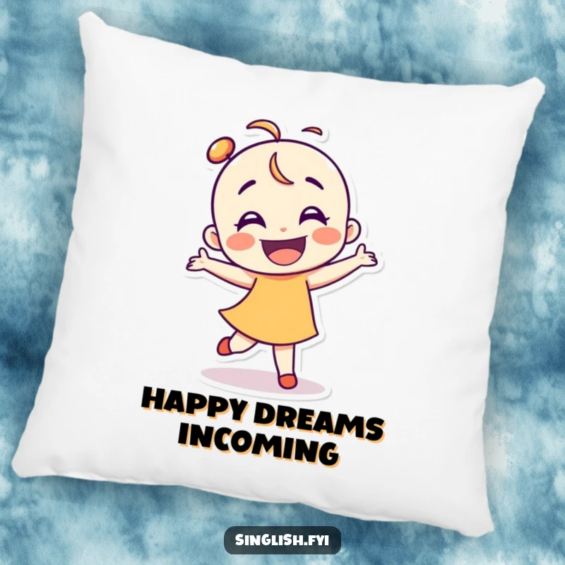 Funny dancer pillow with a smiling character performing a clumsy, happy dance, soft and decorative.