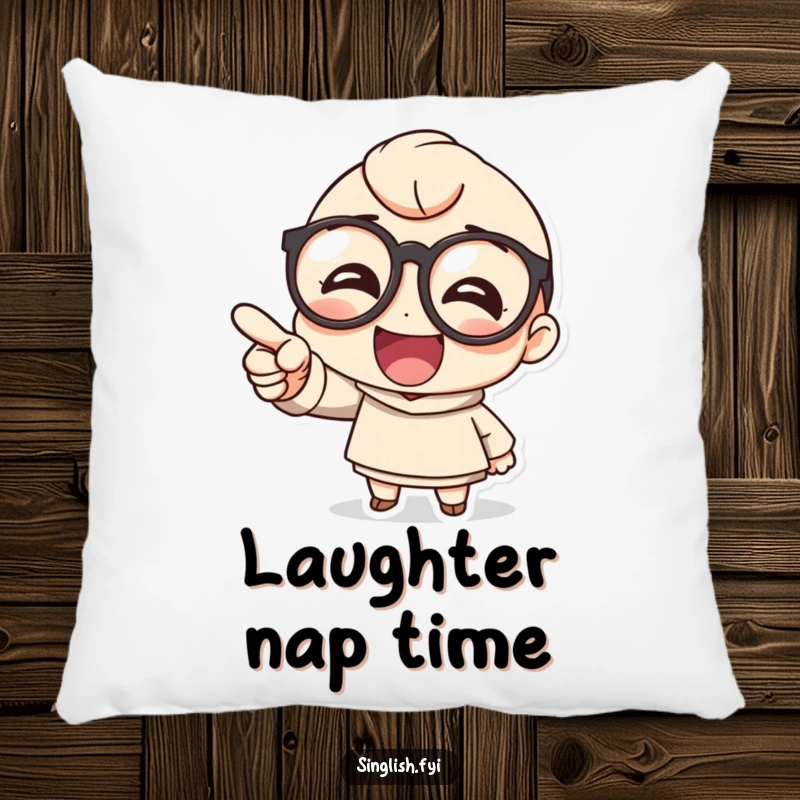 Funny pillow with a cute character in large round glasses pointing and laughing heartily, offering cozy amusement.