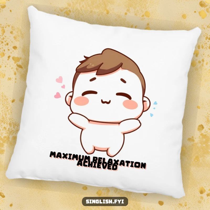 Funny Happy Sigh Pillow: A character exhaling a happy sigh with relaxed shoulders, providing cozy comfort and peace.