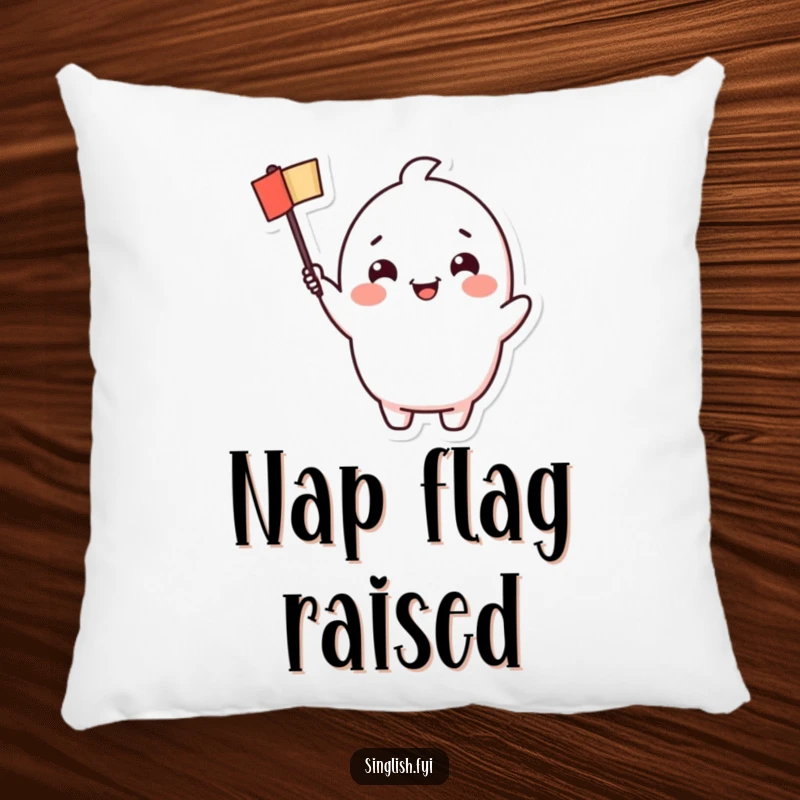 Funny Waving Flag Pillow: Soft pillow featuring a character with a cheerful grin waving a small flag, a humorous and comfortable decor item.