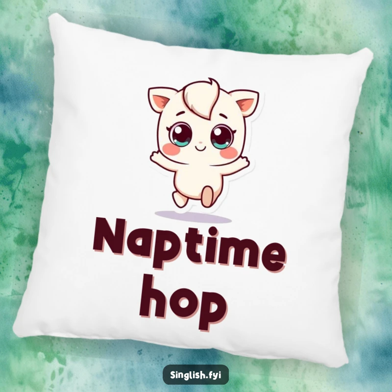 Funny pillow featuring a small, big-eyed character in a delightful hop, offering plush comfort and a cheerful, playful vibe.