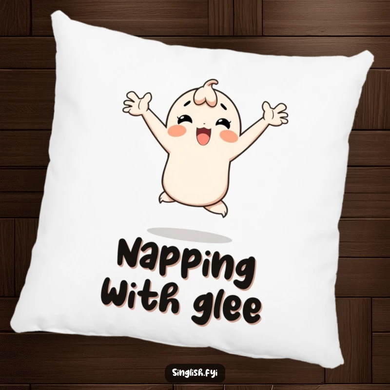 Funny pillow with a character doing a happy hop with arms thrown wide, ideal for comfort and joyful decor.