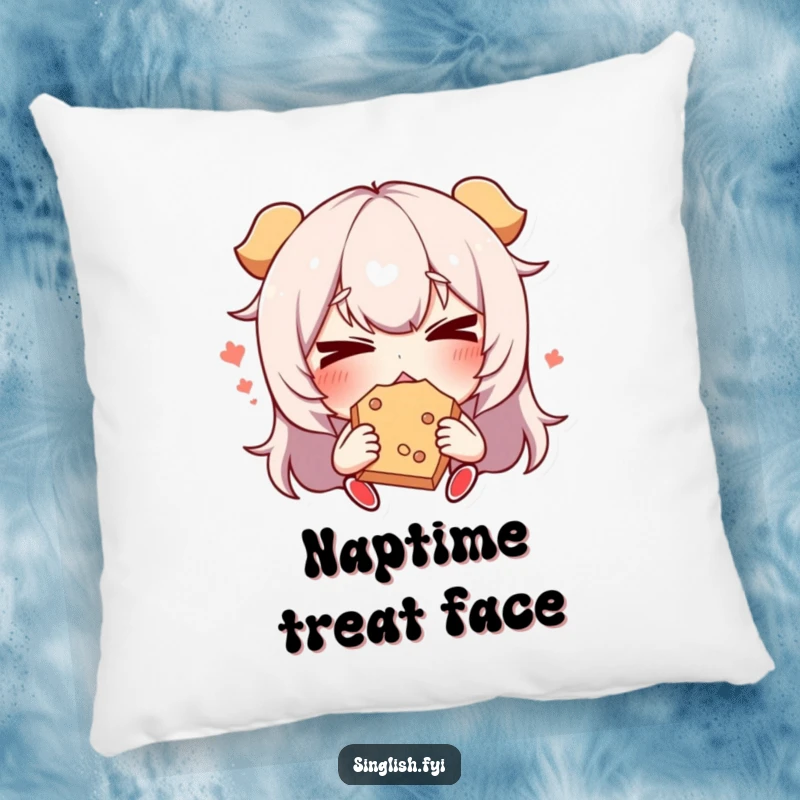 Funny Snack Face Pillow: A soft pillow showcasing a character making a funny face while eating a snack, perfect for relaxing and snacking.